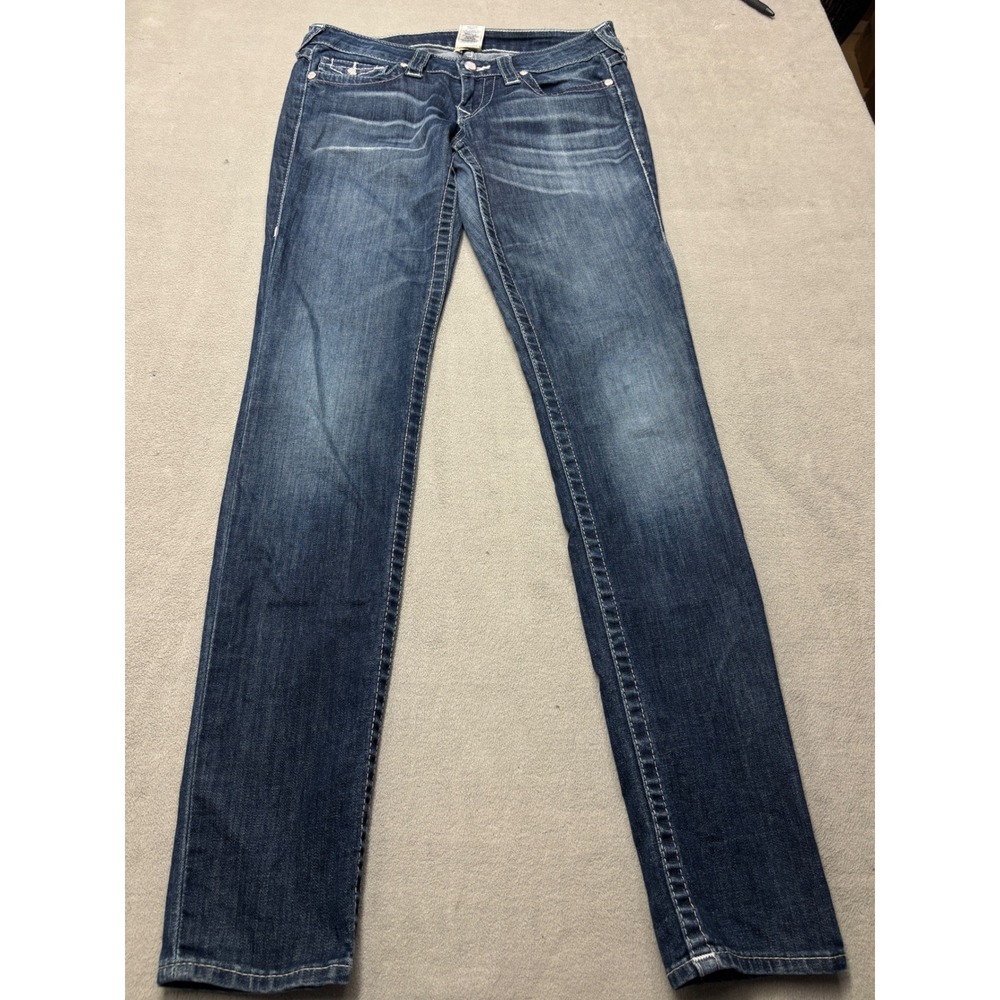 True Religion Stella Skinny Jeans Blue Medium Wash Pink Rhinestone Low Rise 28